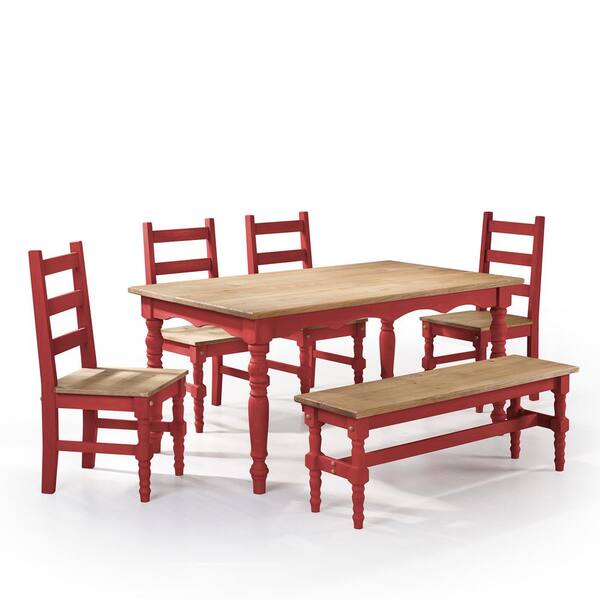 Manhattan Comfort Jay 6-Piece Red Wash Solid Wood Dining Set with 1-Bench, 4-Chairs and 1-Table