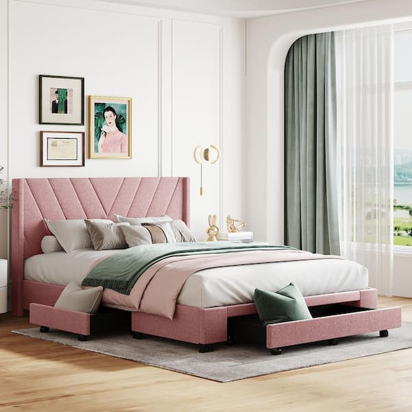 Harper & Bright Designs Pink Wood Frame Queen Size Linen Upholstered Platform Bed with 3-Drawers