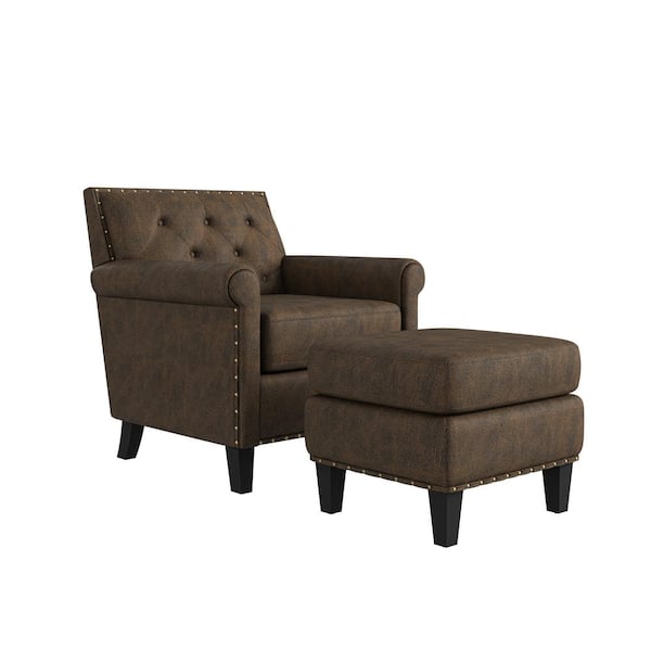 Faux Leather Tufted Rolled Arm Chair, Saddle Leather Chair And Ottoman
