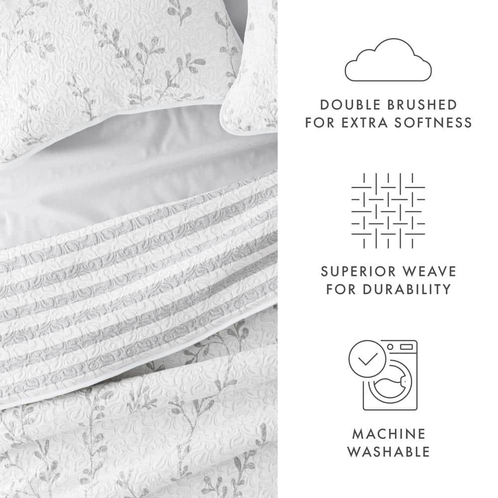 Light Gray and White Reversible Microfiber Quilt Set with Shams