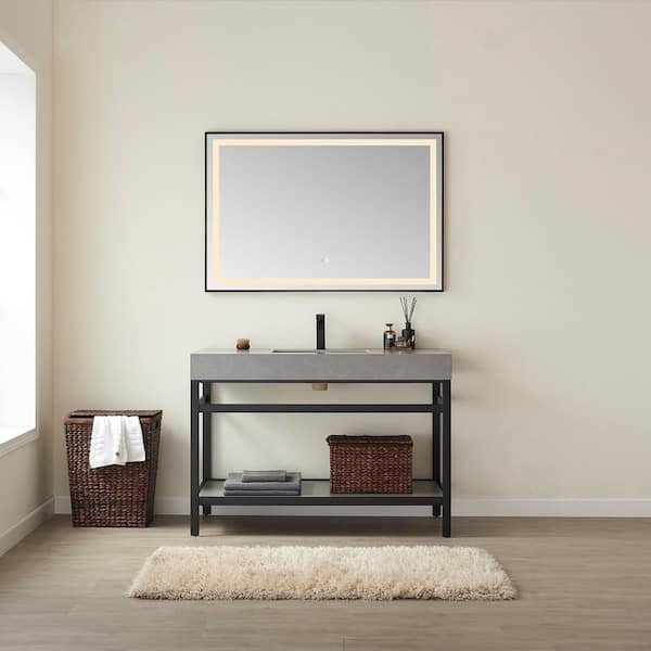 ROSWELL Funes 48 in. W x 22 in. D x 34 in. H Single Sink Bath Vanity in Matt Black with Grey Natural Stone Top and Mirror