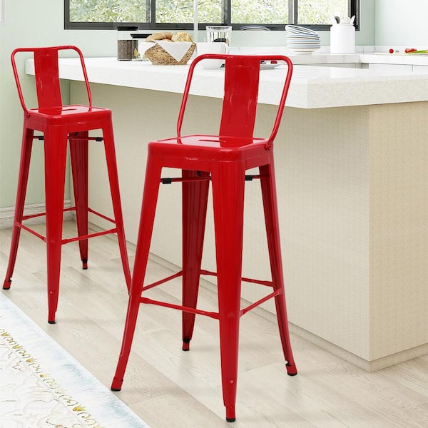 Maypex 30 in. Glossy Red Low Back Metal Bar Stools (Set of 4)