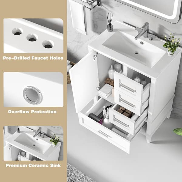 Ziyudura 24 in. Single Sink Freestanding White Bath Vanity with