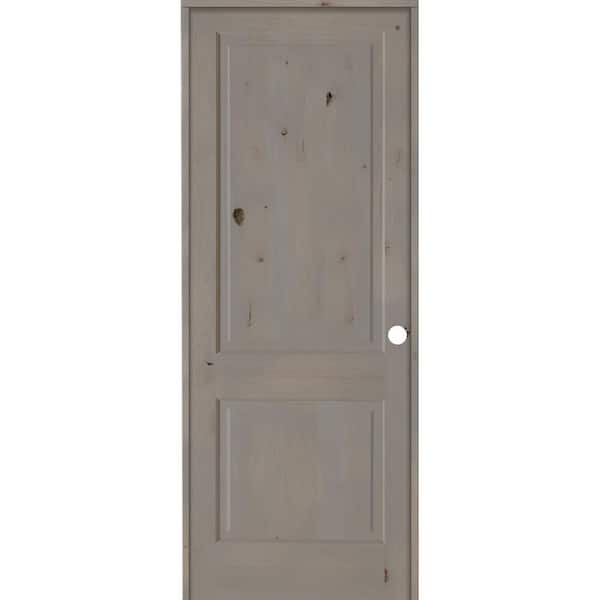 42 in. x 96 in. Rustic Knotty Alder Wood 2 -Panel Square Top Left-Hand/Inswing Grey Stain Single Prehung Interior Door