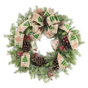 24 in. D Unlit Cypress Leaves Pinecone With Bowknot Ribbon Artificial Christmas Wreath
