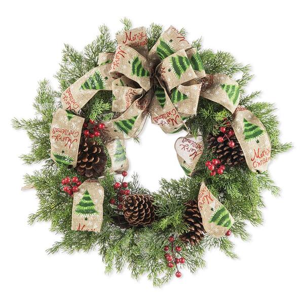 Glitzhome 24 in. D Flocked Pinecone and Berry Artificial Christmas Wreath