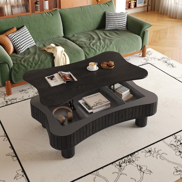 42.52 in. Black Rectangle MDF Coffee Table with Curved Safety