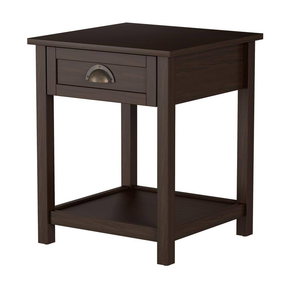 18 in. Wide Brown Woodgrain Square Wooden End Table with Drawer and