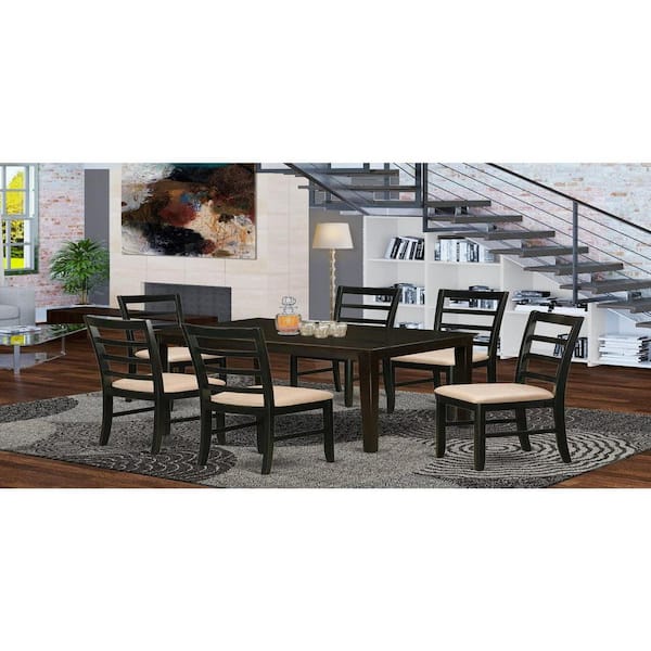 East West Furniture 7-Piece Rectangle Cappuccino Finish Solid Wood Top Dining Table with 6 Chairs with Lattice Back