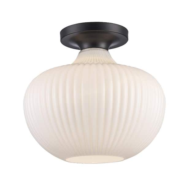 Bel Air Lighting Aristo 12 in. 1-Light Black Semi-Flush Mount Ceiling Light Fixture with White Ribbed Glass Shade