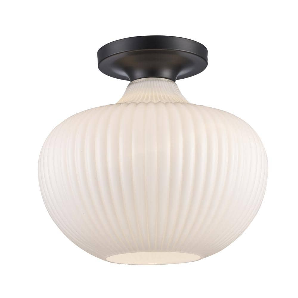 Bel Air Lighting Aristo 12 in. 1-Light Black Semi-Flush Mount with Frosted Glass Shade