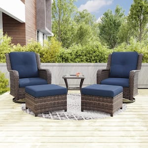 5-Piece Wicker Outdoor Patio Conversation Set Swivel Rocking Chair Set with Blue Cushions