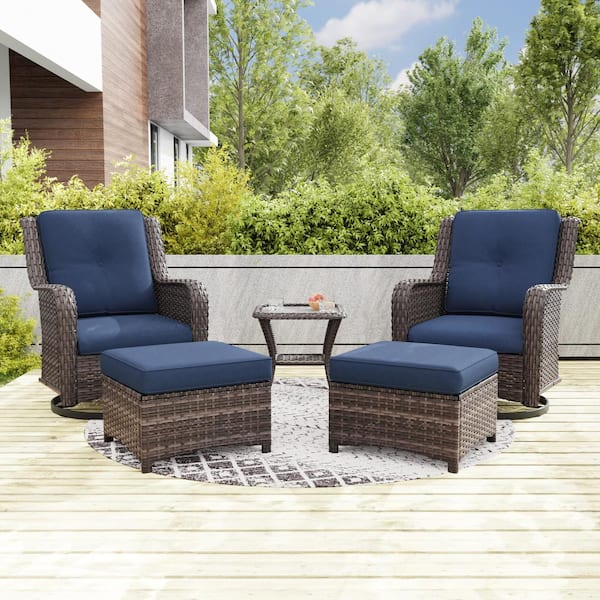 Gardenbee 5-Piece Wicker Outdoor Patio Conversation Set Swivel Rocking Chair Set with Blue Cushions