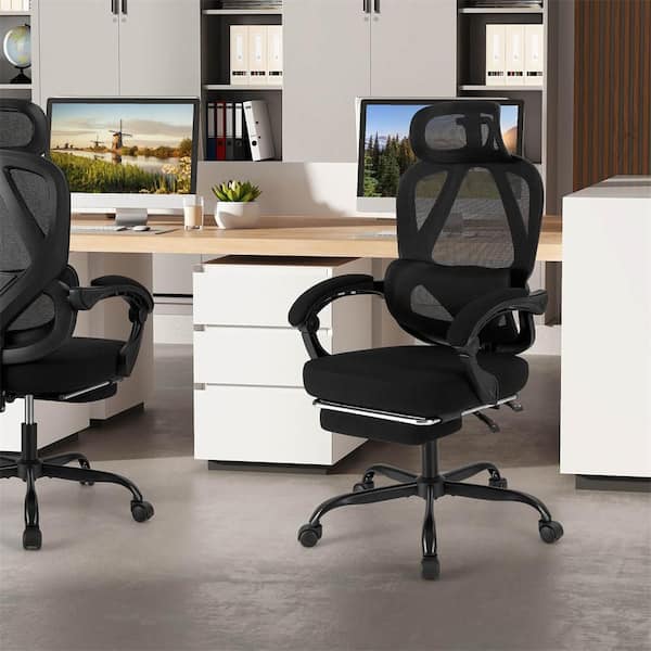 Mesh Adjustable Height Ergonomic Office Standard Chair in Black with Adjustable Arms & Retractable Footrest