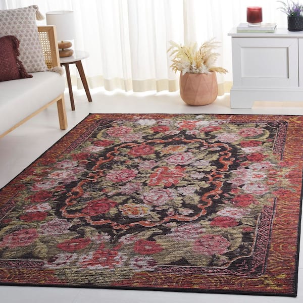 Besarabian Black/Sage Rust 7 ft. x 7 ft. Machine Washable Border Floral Square Area Rug