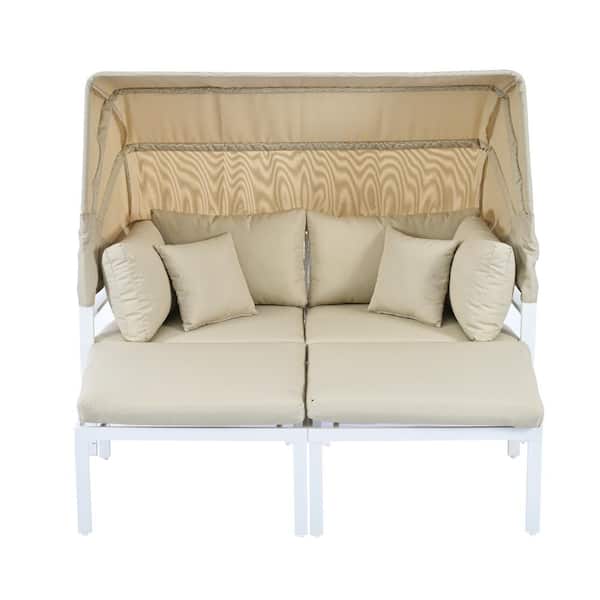 Unbranded 3-Piece Patio Beige Metal Outdoor Sectional Sofa Set with Retractable Canopy Sun Lounger with Beige Cushions