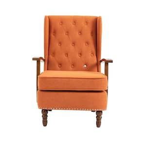 Modern Orange Linen Tufted Wingback Accent Chair with Wood Legs
