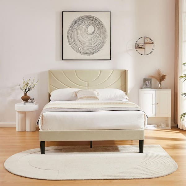 VECELO Upholstered Bed Beige Metal Frame Queen Platform Bed with Headboard Wood Slat Support