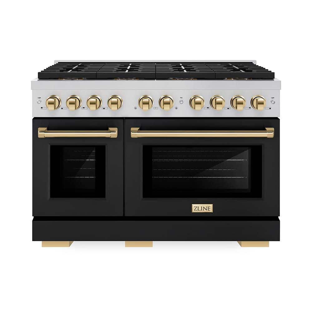 ZLINE Kitchen and Bath Autograph 48 in. 6.7 cu. ft. Paramount Gas Range with 8 Burners and Dual Ovens with Black Matte and Polished Gold