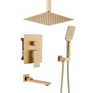 3-Spray 10 in. Square Ceiling Mount 1.8GPM Fixed Dual Shower Heads with Handheld Shower Head and Spout in Brushed Gold