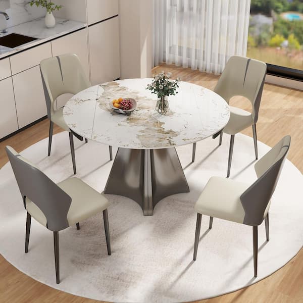 31 in. to 51 in. Round Pandora Sintered Stone Extendable with Gunmetal Gray Pedestal Dining Table, (Seats 6)