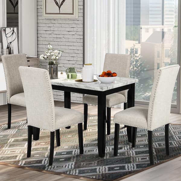 4 Thicken Cushion Dining Chairs, Rectangle Dining Table Set With Bench