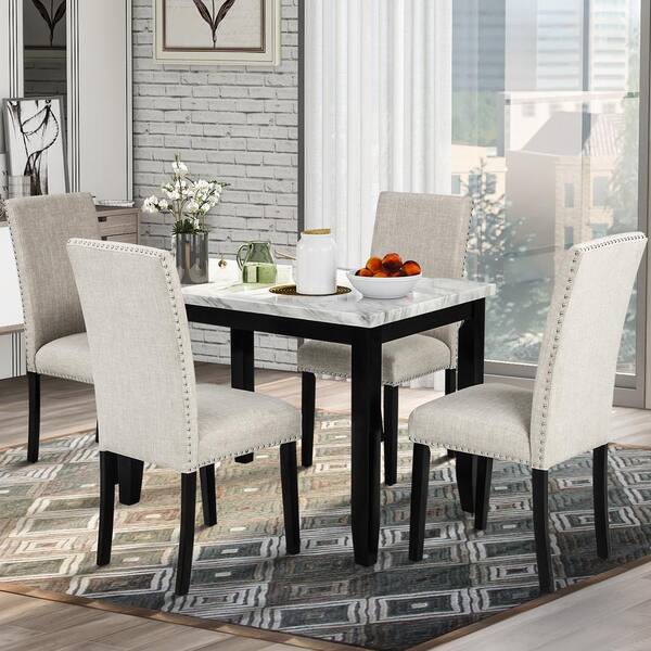 4 Thicken Cushion Dining Chairs, White Dining Table Set With Bench