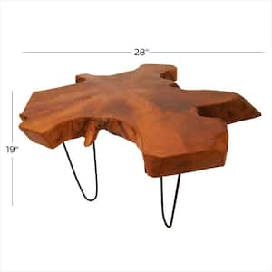 28 in. Brown Medium Round Wood Handmade Live Edge Top Coffee Table with Black Metal Hairpin Legs