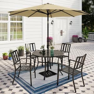 6-Piece Metal Patio Outdoor Dining Set with Round Table and Beige Umbrella