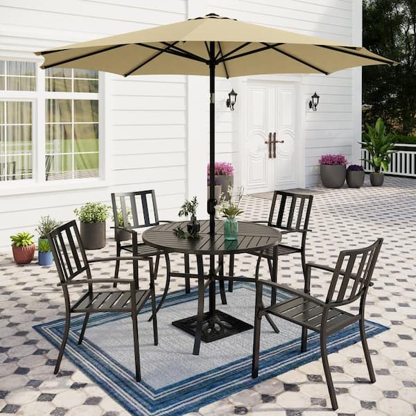 PHI VILLA 6-Piece Metal Patio Outdoor Dining Set with Round Table and Beige Umbrella