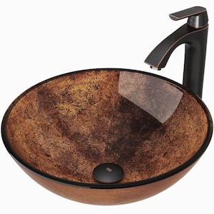 Glass Round Vessel Bathroom Sink in Russet Brown with Linus Faucet and Pop-Up Drain in Antique Rubbed Bronze
