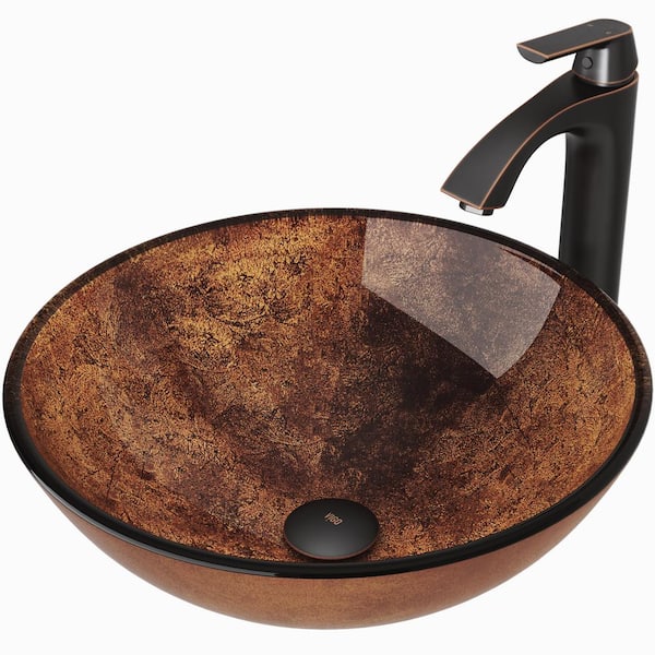 VIGO Glass Round Vessel Bathroom Sink in Russet Brown with Linus Faucet and Pop-Up Drain in Antique Rubbed Bronze