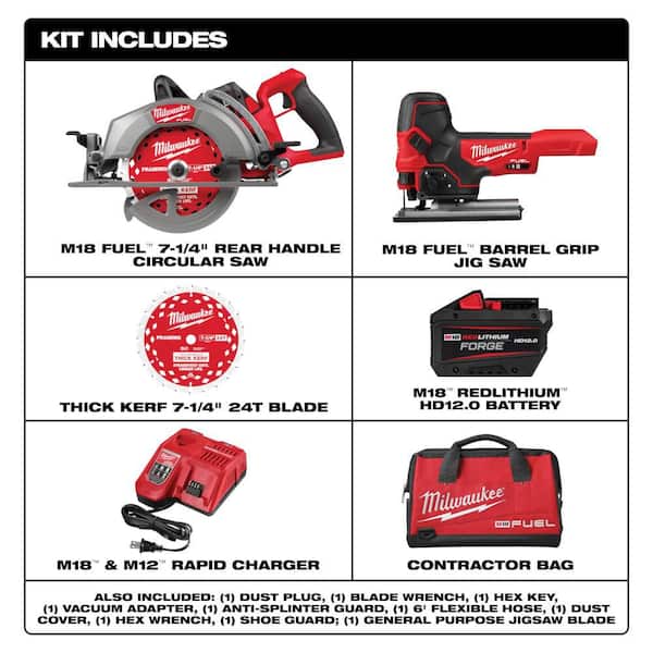 M18 FUEL 18V Lith-Ion Cordless 7-1/4 in. Rear Handle Circular Saw Kit w/ FORGE 12.0 Ah Battery, Charger, and Jig Saw