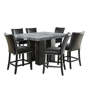 Camila Gray Marble 54 in. Square Counter Height Dining Set with 6 Black Upholstered Side Chair