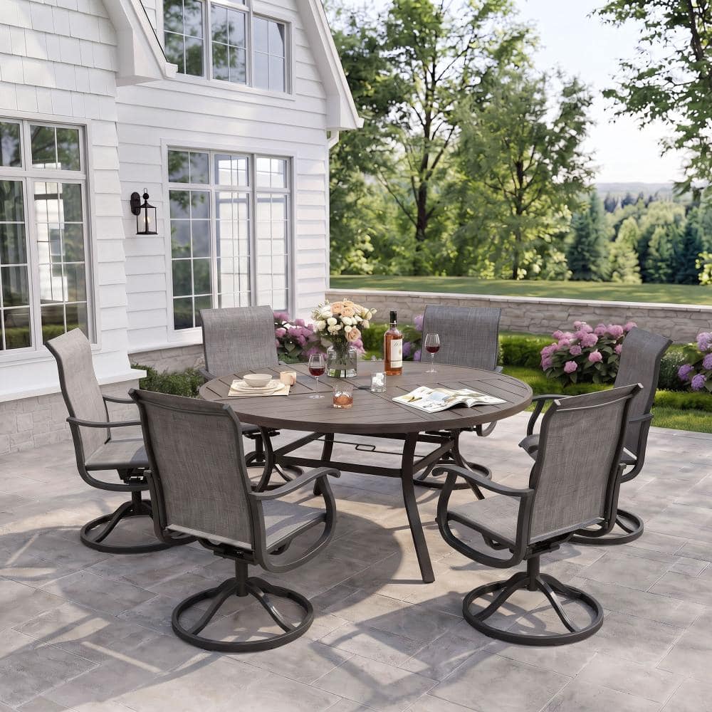 7-Piece Metal Outdoor Patio Dining Set with Round Table and High Back Padded Textilene Swivel Chairs in Gray price history on PriceWatchPro