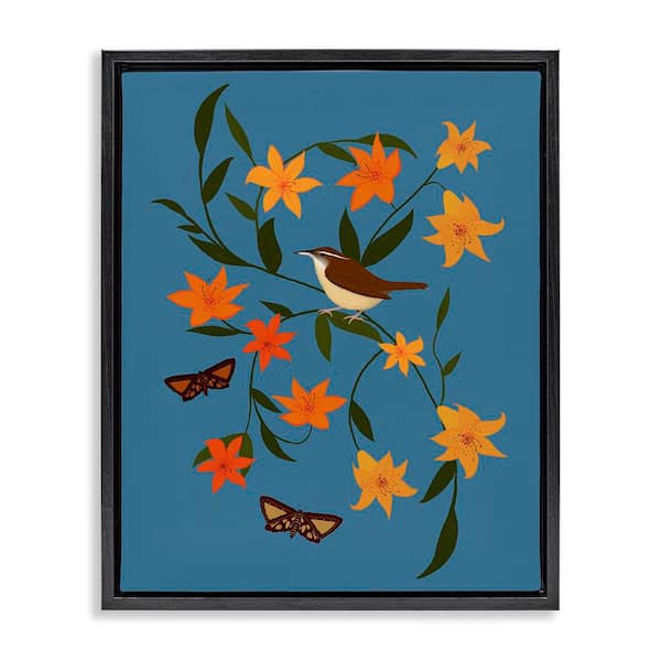 Stupell Industries Sparrow on Lily Bunches by Michelle Ingari Designs Black Floater Frame Nature Graphic Art Print 21 in. x 17 in.
