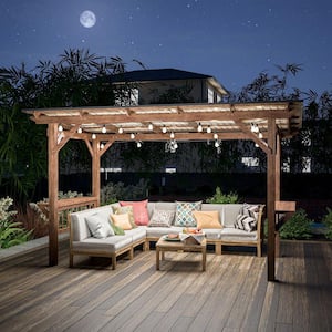 13 ft. x 6.5 ft. Wooden Pergola Grill Gazebo, Fir Wood Pergola with Metal Roof & Bulbs & Bar Counters