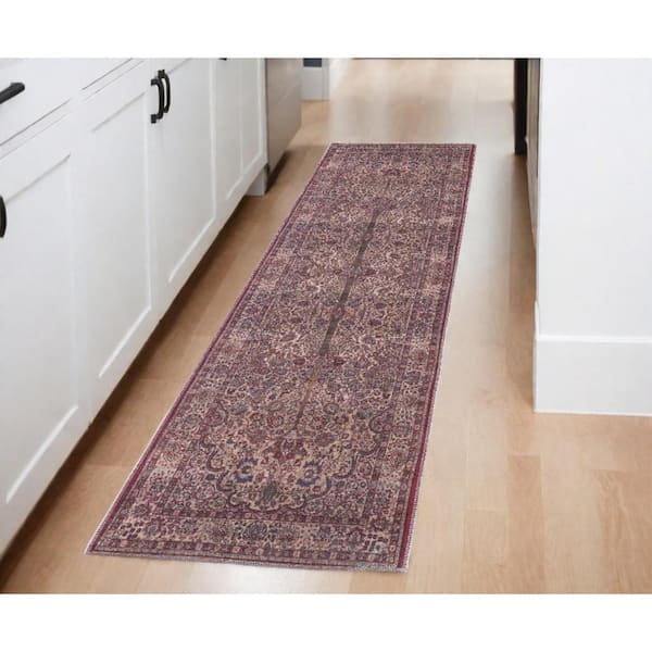 HomeRoots Red Tan and Pink 3 ft. x 8 ft. Floral Area Rug