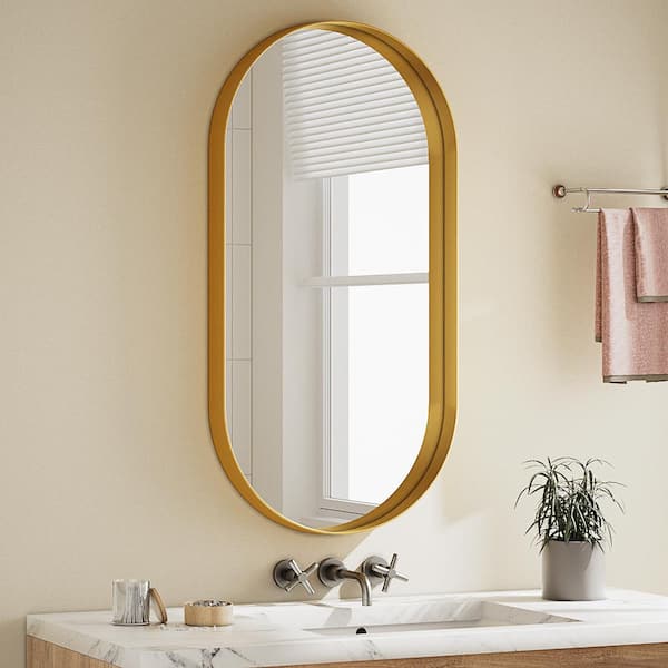 XRAMFY 22 in. W x 38 in. H Oval Modern Gold Aluminum Alloy Deep Framed Wall Mirror