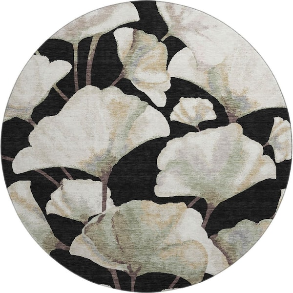Mayfield Premium Machine Washable Abstract AMF2405 Black 8 ft. x 8 ft. Round Rug