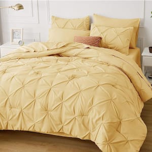King Size Comforter Set 7 Pieces, Pintuck Bed in a Bag with Comforter, Bed Sheet, Pillowcases and Shams, Yellow