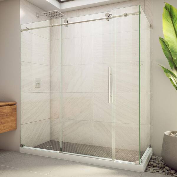 Sunny Shower Fully Frameless Sliding Shower Doors, 3/8 Clear Glass, 60 W  x 72 H Shower Enclosure, Brushed Stainless Steel 