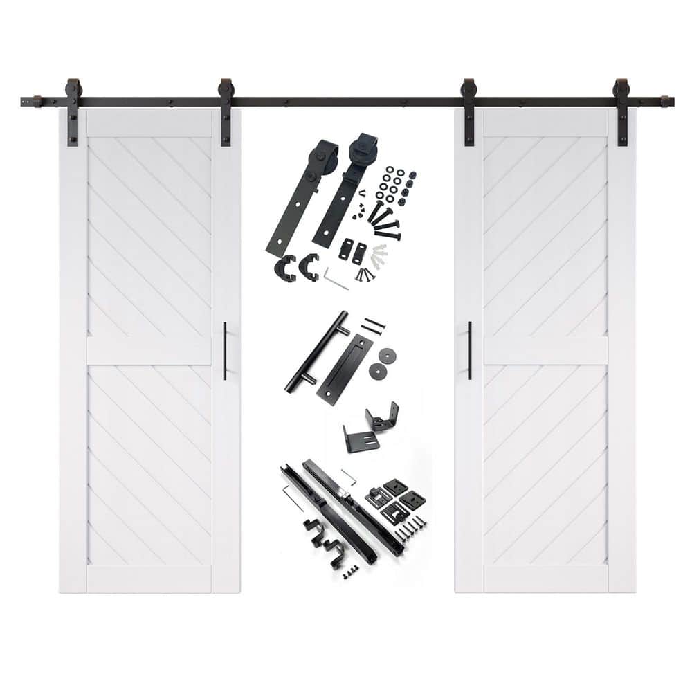 XT2 30 in. x 80 in. C-Panel White Slanted Stripe Design Double Pine Wood Sliding Barn Door with Hardware Kit price history on PriceWatchPro