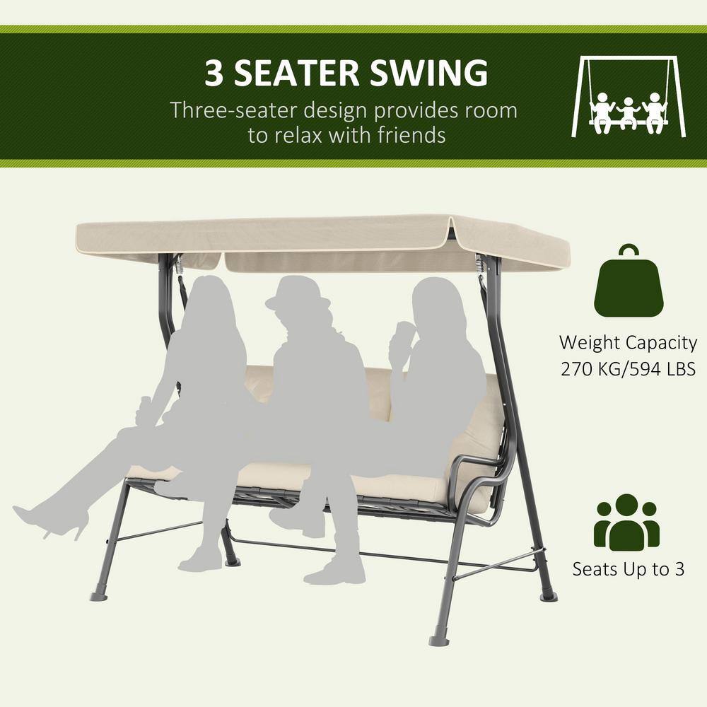Cream White 3-Person Steel Frame Patio Swing with Adjustable Canopy