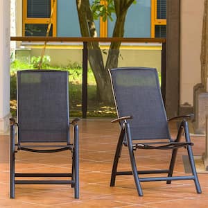 Dark Gray Metal Bilayer Textilene Fabric Folding Outdoor Patio Recliner Chairs with Adjustable High Backrest(2-Pack)