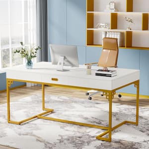 Halseey 63 in. Rectangular Modern White Gold Wood Executive Desk, Large Computer Desk with Drawer, Conference Room Table