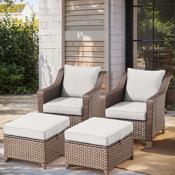 moosprr 4-Piece Brown Wicker Patio Conversation Set with Beige Olefin Cushions and 4 in. Wide Armrest/Lounge Chairs
