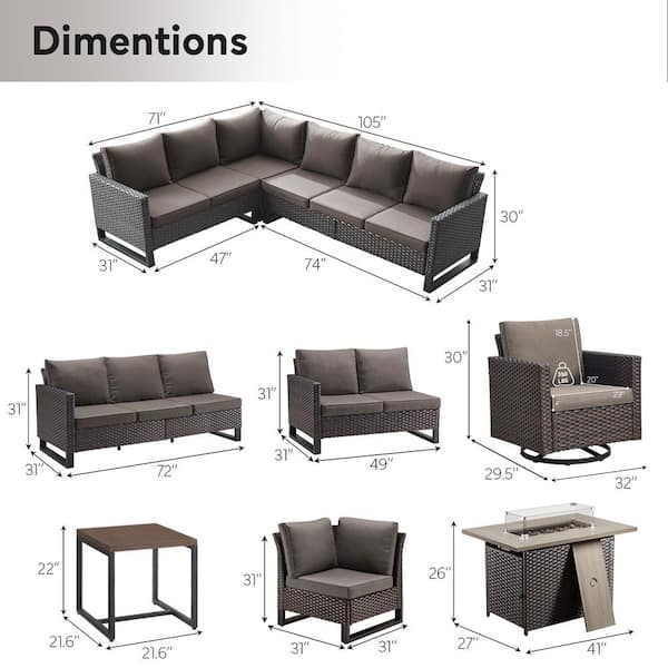 7-Piece Brown Wicker Fire Pit Conversation Set with Olefin Gray Cushions and Sectional Sofa/ Patio Swivel Chairs
