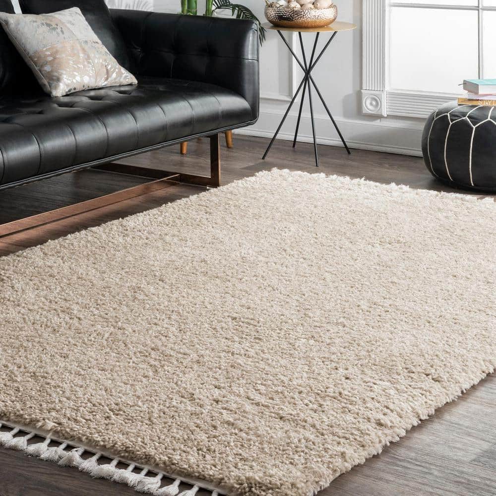 Cozy Beige Braided Tassel Shag Area Rug - Easy Care 3'x5'
