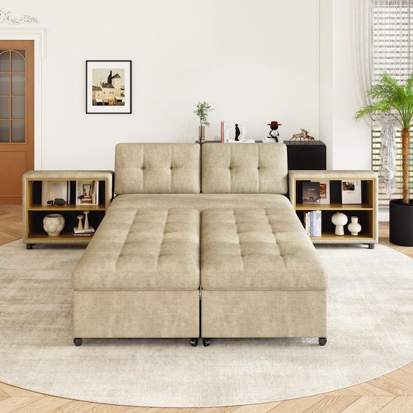 121.2 in. Versatile Sofa Bed Modular Free-combined Chenille 4 Seat Sectional Sofa in Brown with 2 Storage Racks